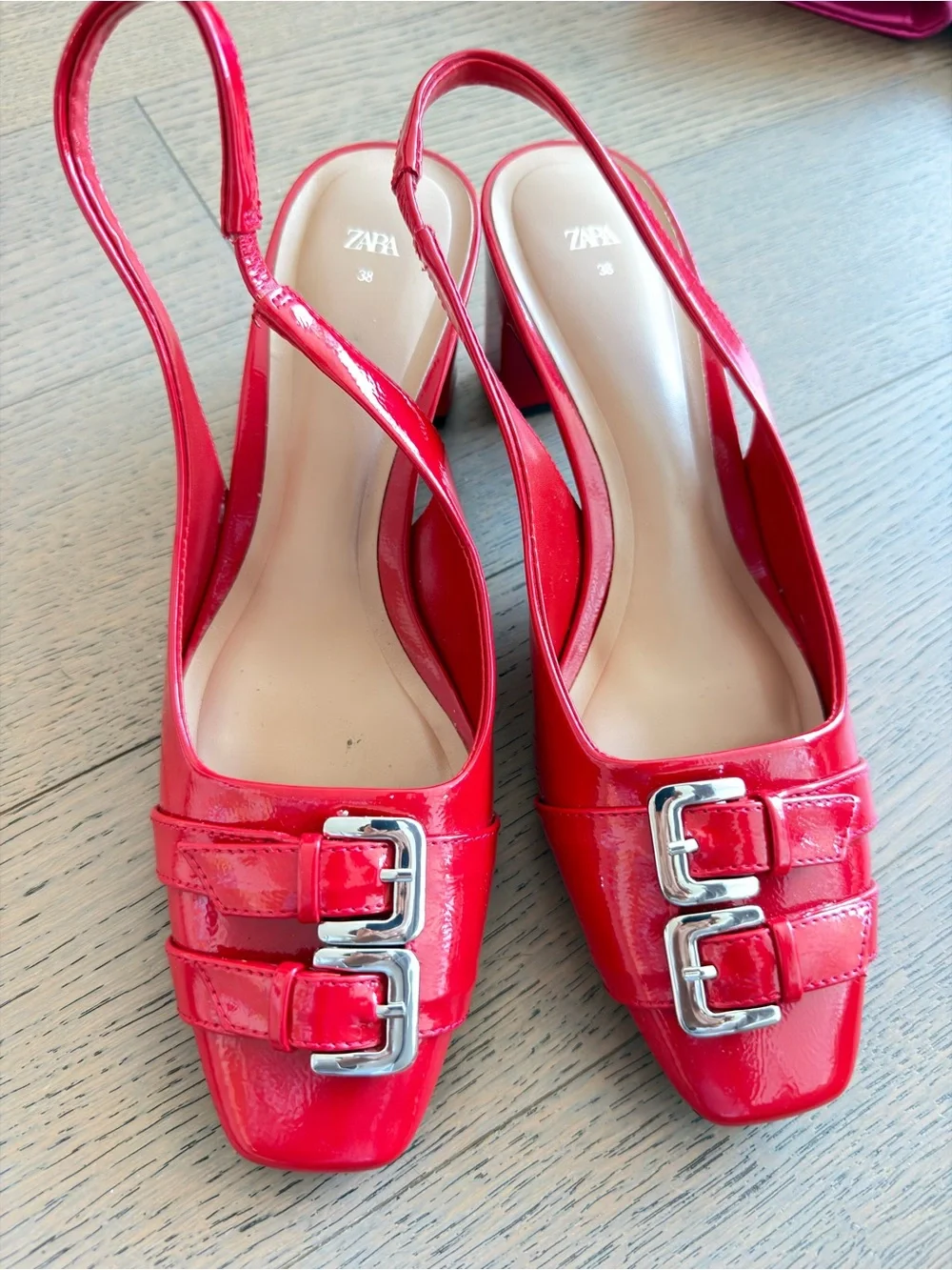 Zara Red Patent Slingback Heels with Double Buckles
